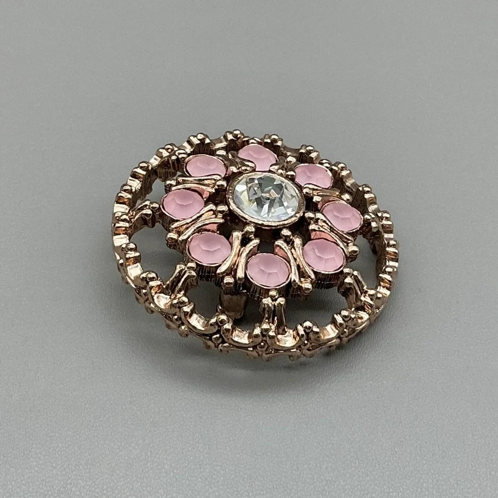 Gold Tone Pink Rhinestone Flower Brooch Pin Round Openwork Costume Jewelry